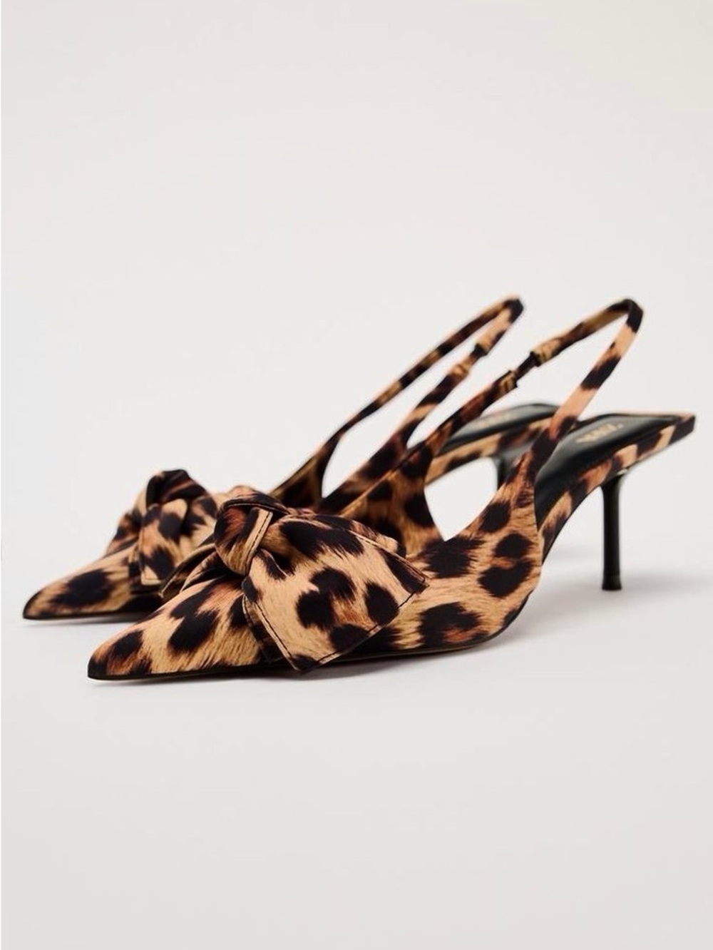 ZARA Leopard Print Bow Detail Pointed Toe Sling Back Kitten Heels